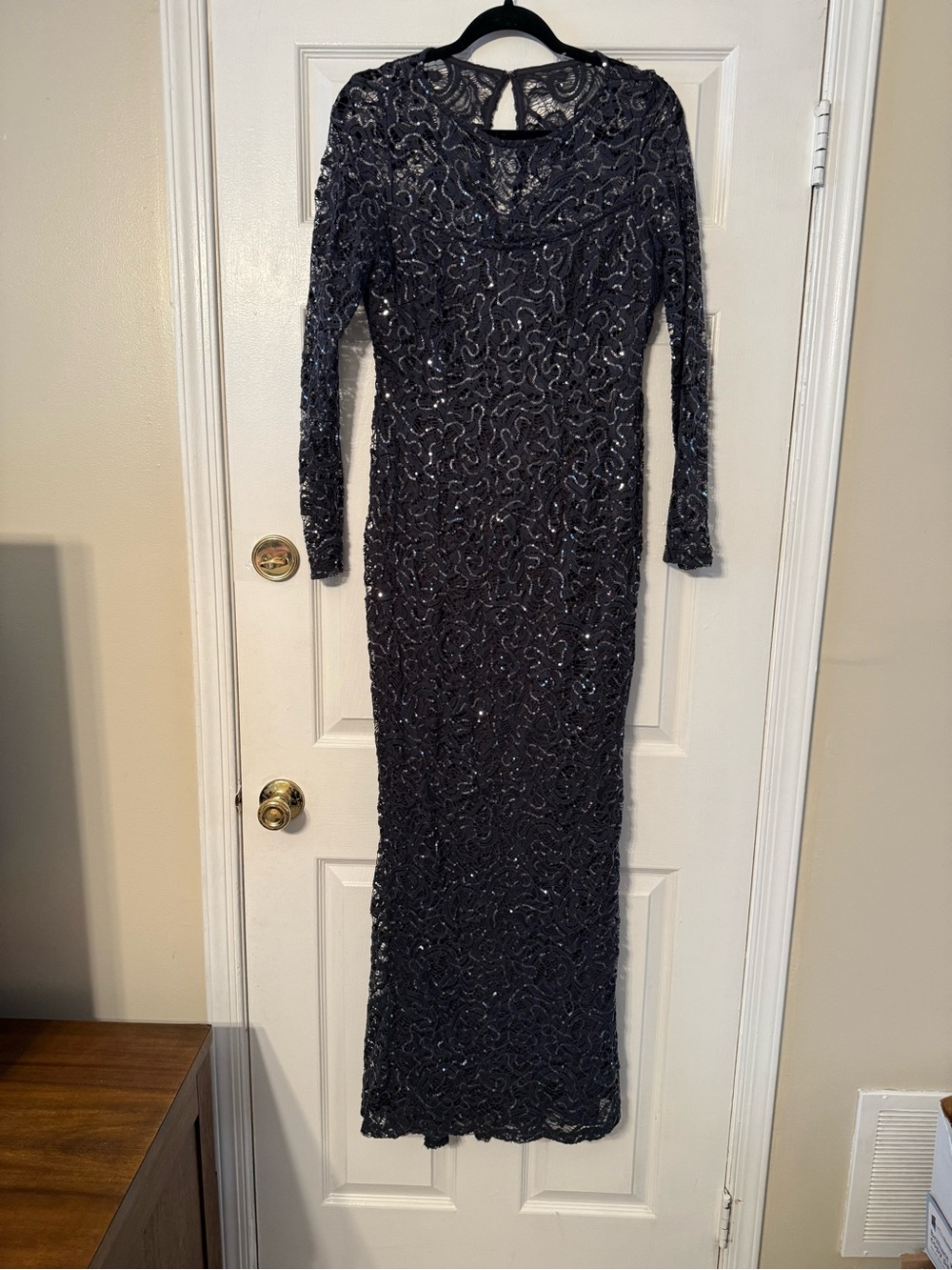 MARINA Charcoal Long Sleeve Beaded Evening Gown